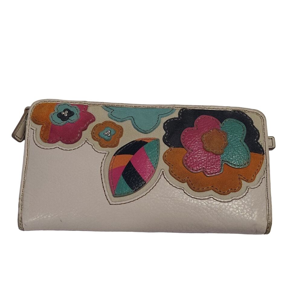 Fossil Floral Applique Zip Around Wallet Ivory Leather Women's 8" Flower
